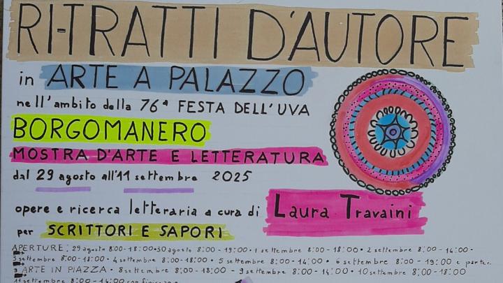 Particolare della locandina calligrafata dal sito www.visitborgomanero.it Titolo e orari manoscritti, disegno circolare a penna