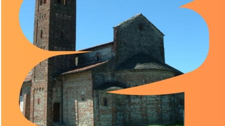Elaborazione grafica di foto della zona absidale esterna della chiesa di San Pietro a Casalvolone, stile romanico