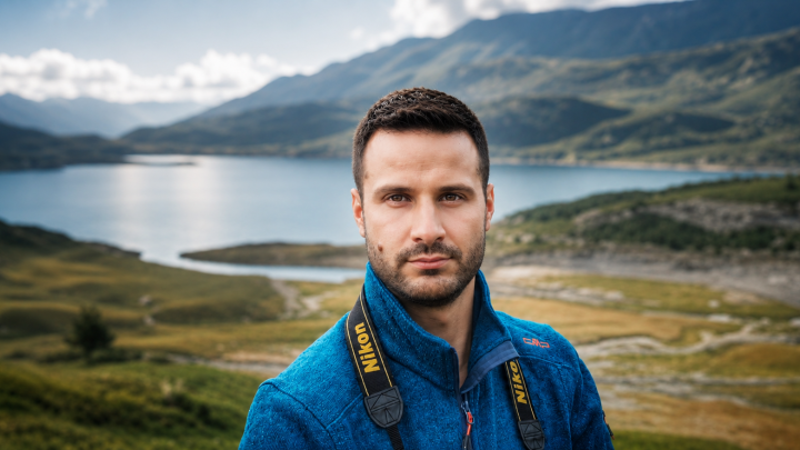 Ritratto del fotografo Federico Milesi con macchina fotografica al collo, sullo sfondo un lago alpino circondato da montagne.