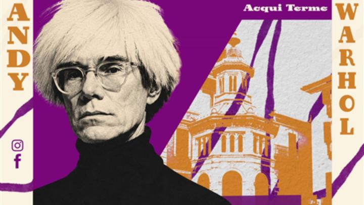 Ritratto fotografico di  Andy Warhol e sullo sfondo stampa rappresentante la Bollente, fonte  di Acqui terme
