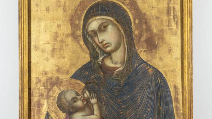 Dipinto trecentesco a tempera e oro su tavola raffigurante la Madonna che allatta il Bambino 