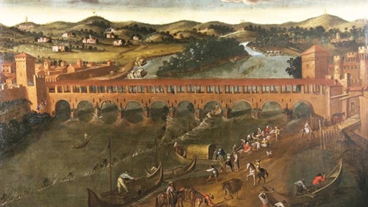 Particolare di un dipinto del '600 raffigurante il ponte coperto sul Tanaro ad Alessandria