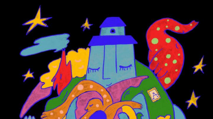 Illustrazione da www.articofestival.it Illustrazionme con edificio personificato su collina composta da figure fantastiche, in alto cielo nero con stelle