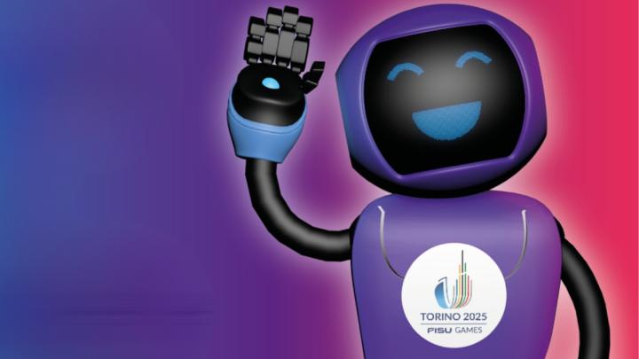 Un robot come mascotte dell'evento con il logo del FISU World University Games