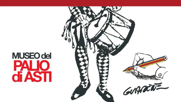 Particolare della locandina della mostra Particolare di disegno di suonatore di tamburino in abito medievale, loghi