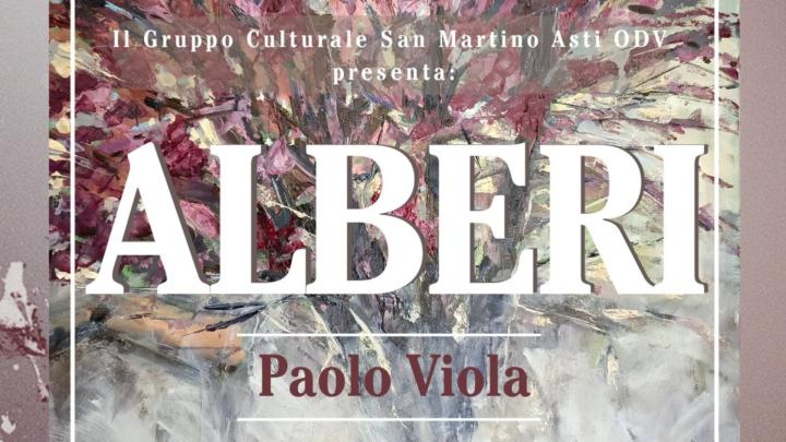 Titolo e altre scritte, sullo sfondo particolare di dipinto contemporaneo rappresentante un albero 