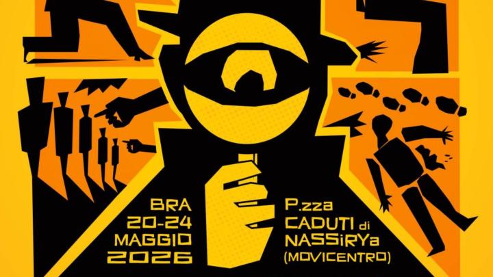 Illustrazione: sagoma di detective con lente e cappello, figure di contorno