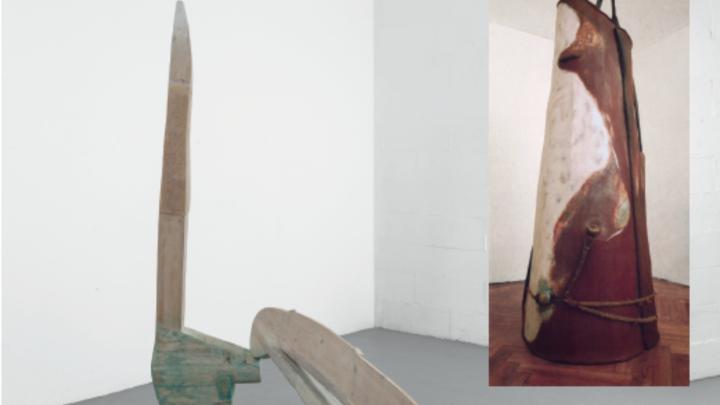 Particolare della locandina della mostra, dal sito del comune di Bra Due fotografie con particolari di sculture astratte di Ezio Bersezio