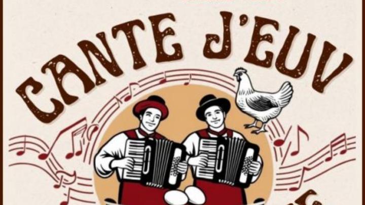 Illustrazione con due musicanti con fisarmonica, uova, una gallina e note musicali