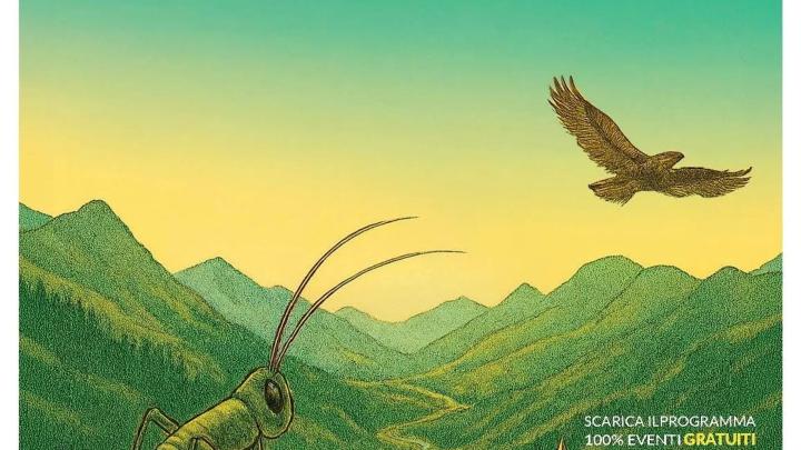Particolare della locandina di questa edizione della rassegna Particolare di illustrazione. Una cavalletta su un tronco d'albero, un rapace in volo, veduta di una valle al tramonto