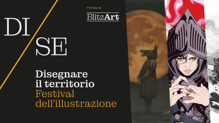 Logo e scritte, tre strisce verticali a destra con particolari di illustrazioni