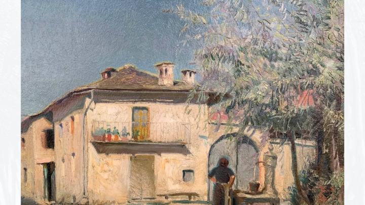 Particolare di dipinto a olio con case rurali e donna a una fontana