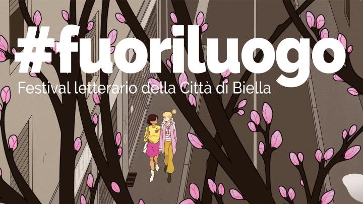 #fuoriluogo festival letterario Illustrazione con due ragazze viste dall'alto che camminano in una strada di città con alberi in fiore