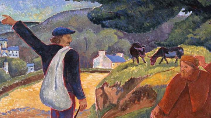 Particolare di un dipinto attribuito a Gauguin con due figure maschili in un paesaggio