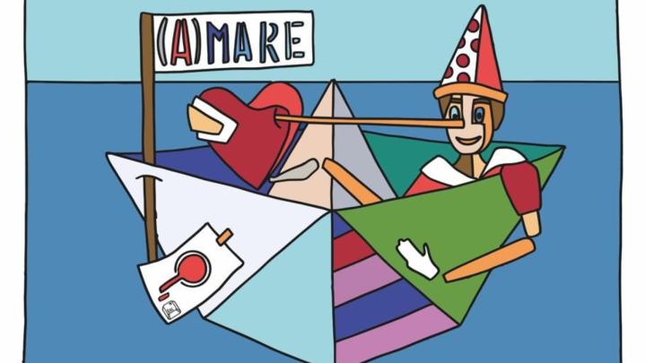 Particolare di illustrazione dall'invito all'inaugurazione della mostra (da www.alexala.it) Illustrazione a colori con Pinocchio che naviga su una barchetta di carta