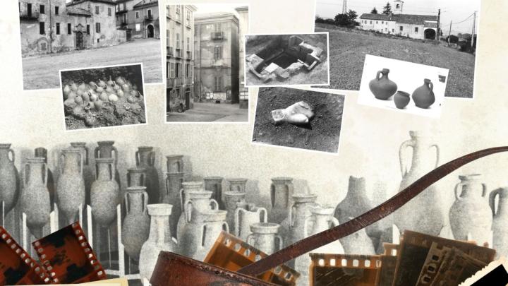 Collage di fotografie d'epoca con scavi archeologici e reperti di età romana nel territorio di Acqui Terme