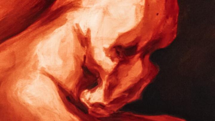 Particolare di dipinto con testa di cavallo stilizzata in rosso su fondo nero 