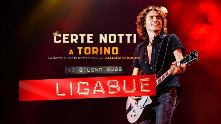 Banner del tour 2026 di Ligabue Il cantante Ligabue suona la chitarra, titolo