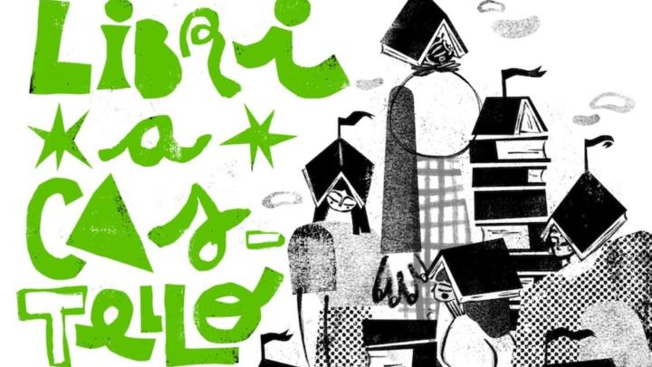 Grafica in verde e nero con titolo ed edificio fantastico composto di figure umane e libri