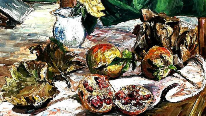 Particolare di un dipinto di Edmondo Di Napoli Dipinto rappresentante natura morta con frutta e fiori