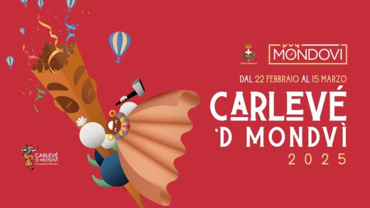 Grafica con illustrazione: la Maschera del Moro con un martello che si arrampica sulla Torre civica di Mondovì