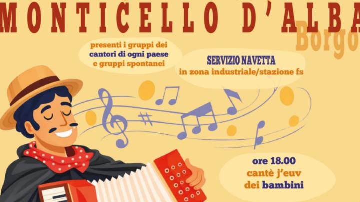 Illustrazione con suonatore di fisarmonica, scritte