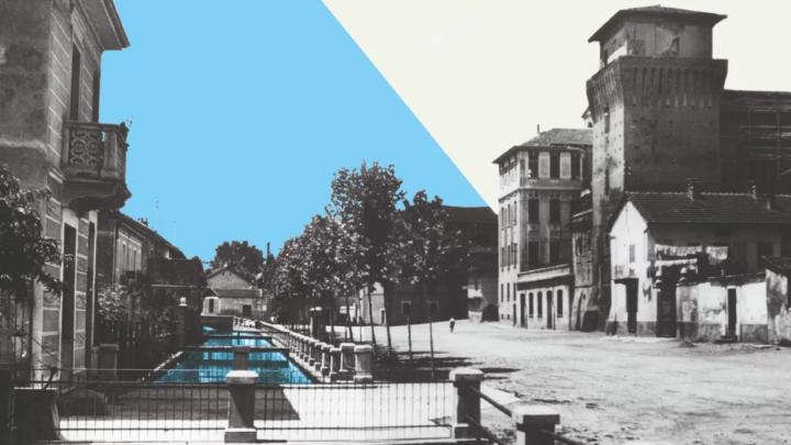 Banner della mostra Fotografia in bianco e nero elaborata digitalmente: torre medievale, villini e canale