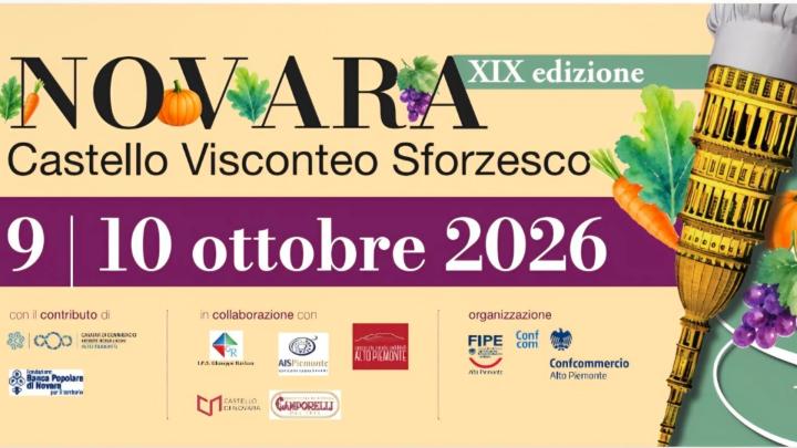 Banner pubblicitario dell'evento sul profilo di Degusto su Facebook Titolo e loghi fra illustrazioni della cupola di San Gaudenzio a Novara, composizioni di frutta e verdura