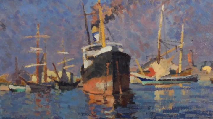 Particolare di dipinto a olio con navi e altre imbarcazioni in porto marittimo