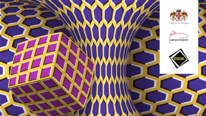 Particolare della locandina della mostra Immagine con ingranno ottico composto da figure geometriche, loghi degli enti organizzatori della mostra