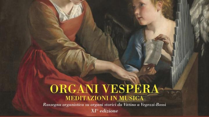 Particolare della locandina dei concerti, con dipinto di Orazio Gentileschi Particolare di dipinto a olio del pittore seicentesco Orazio Gentileschi con santa Cecilia che suona un organo a canne e a fianco un angelo con spartito musicale