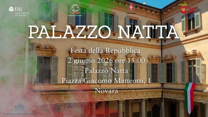 Particolare di esterno di Palazzo Natta a nopvara, con titolo e informazioni