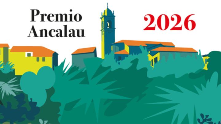 Illustrazione con paese collinare stilizzato a colori, titolo 