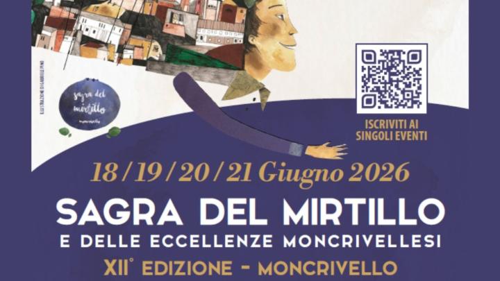 Particolare della locandina della manifestazione Titolo, QR code e particolare di illustrazione con mirtillo, figura umana che reca sulla schiena il borgo di Moncrivello