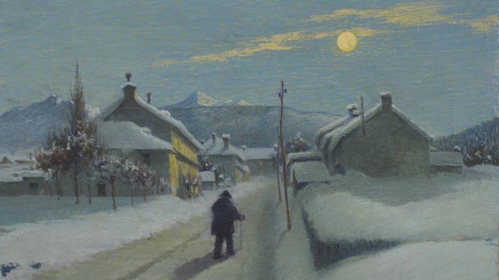Dipinto a olio rappresentante il borgo di Malesco in Val Vigezzo sotto la neve, con un uomo sulla via al centro