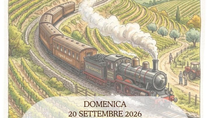 Particolare della locandina dell'evento Illustrazione a colori con treno a vapore in corsa fra vigneti