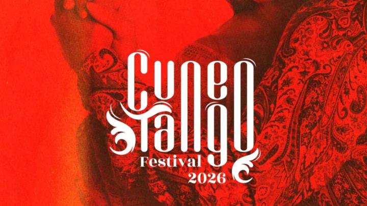 Particolare della locandina del festival Logo con titolo in lettere allungate e, sullo sfondo, una coppia di ballerini di tango in una fotografia virata in rosso