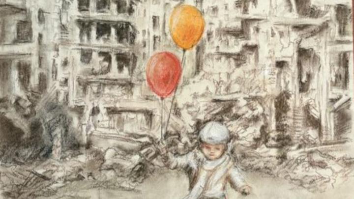 Sergio Unia, "La metà", 2023, tecnica mista, particolare, dal sito www.davidelajolo.it Particolare di un disegno con un bambino che regge palloncini gonfiati fra le macerie di palazzi