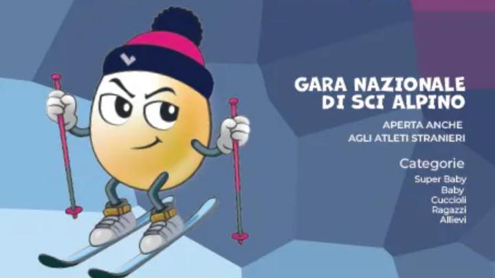 Particolare della locandina dell'evento Illustrazione con uovo personificato sugli sci, scritte