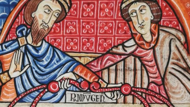 Particolare del banner del profilo Facebook del Museo del Tesoro del Duomo di vercelli Particolare di miniatura medievale con due personaggi affiancati