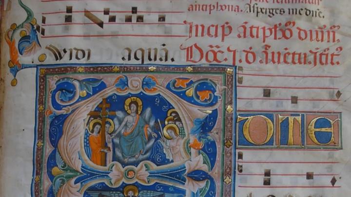 Iniziale miniata da antico codice trecentesco, notazione musicale gregoriana