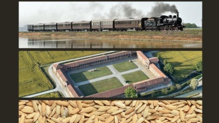 Particolare della locandina della mostra di Massimo Mormile Particolari di tre foto: un treno in corsa, una cascina e del riso