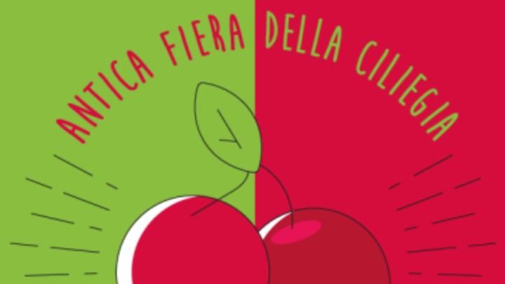 Particolare del logo della manifestazione, dal sito del Comune di Dogniani Titolo e illustrazione di due ciliegie su sfondo bicolore verde e rosso