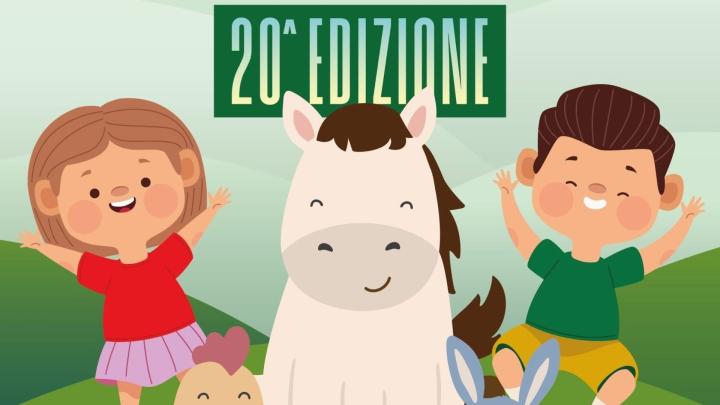 Particolare del banner dell'edizione 2026 Illustrazione con bambini gioiosi con cavallino bianco, pollo e coniglio