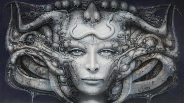 Li I, 1974, Fotoincisione, 70x100, HR Giger. Testa femminile con elementi fantastici