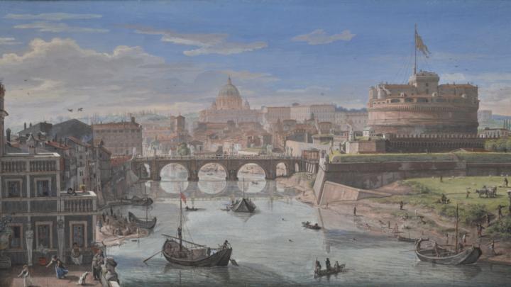 Veduta del fiume Tevere a Castel Sant’Angelo, Roma, dipinta da  Gaspar van Wittel a tempera su pergamena nel 1683