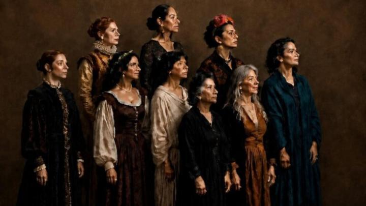 Ritratto di gruppo di artiste vissute fra il Rinascimento e la contemporaneità, in abiti di diverse fogge