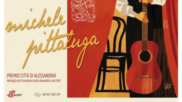 Partocolare della locandina Illustrazione con uomo in piedi che regge una chitarra, titolo