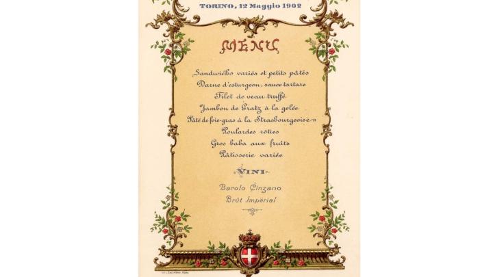 Particolare di menu di pranzo in francese, a stampa, con fregi e in basso stemma reale dei Savoia
