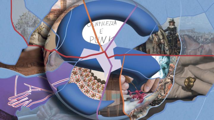 Immagine composta da una lettera S e intorno un collage artistico di fotografie di opere e attività culturali